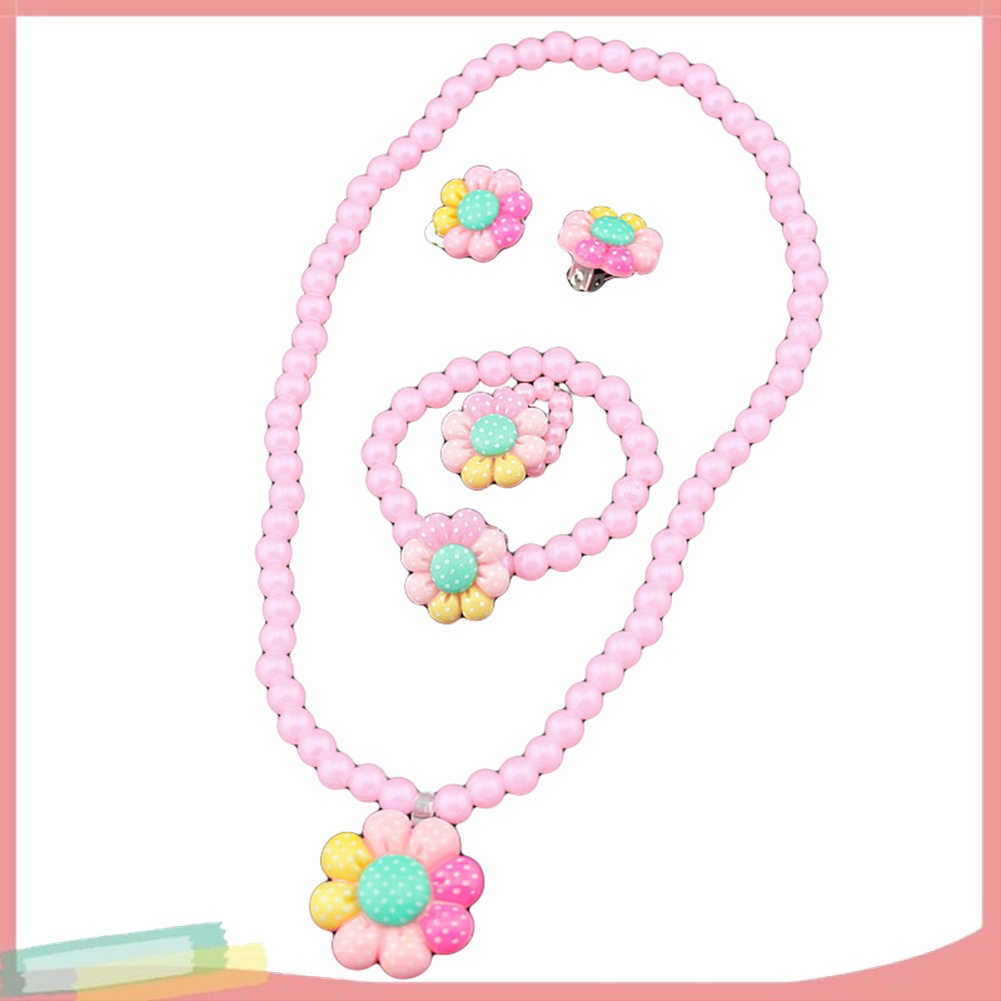 Bộ Trang Sức Gồm Vòng cổ / Vòng Tay / Nhẫn / Bông Tai Hình Hoa Đính Ngọc Trai Nhân Tạo Dễ Thương Cho Bé Gái