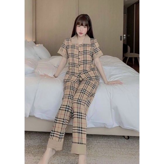 Bộ gấu nâu tay ngắn quàn dài cổ sen cao cấp