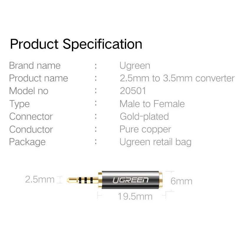 Đầu Chuyển Âm Thanh 2,5mm Sang 3,5mm Ugreen 20501 Chính Hãng