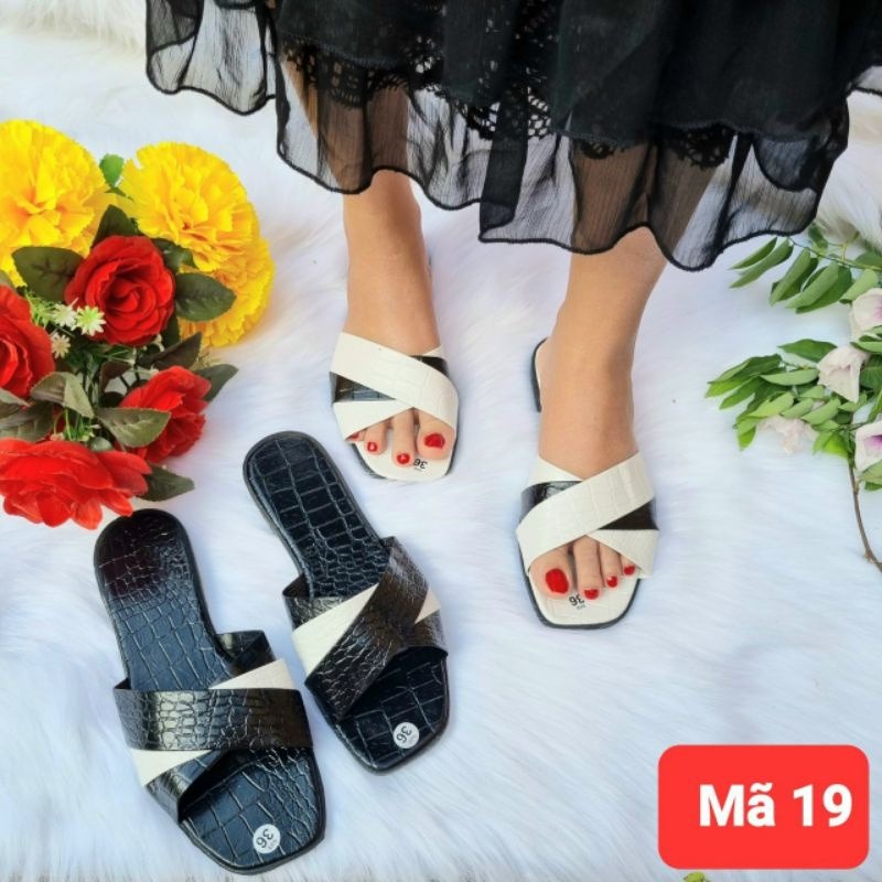 Các mẫu dép đi biển kiểu nữ quai ngang bánh bèo - nhúm xinh, nhiều mẫu dép chữ H vân cá sấu hai màu trắng đen
