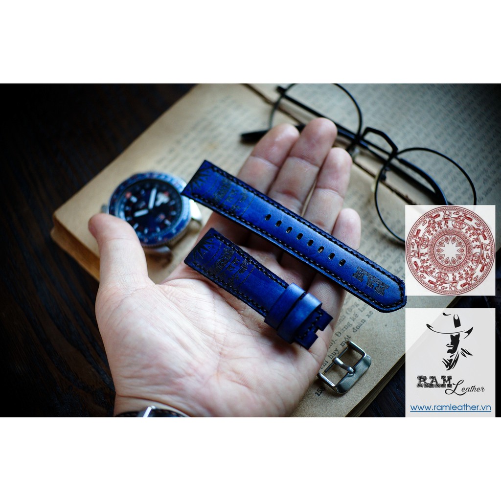 Dây đồng hồ Apple Watch , Iwatch , Iphone Watch Da Bò Italia Vegtan  Xanh Navy RAM Leather Trống Đồng Việt Nam  Bền Đẹp