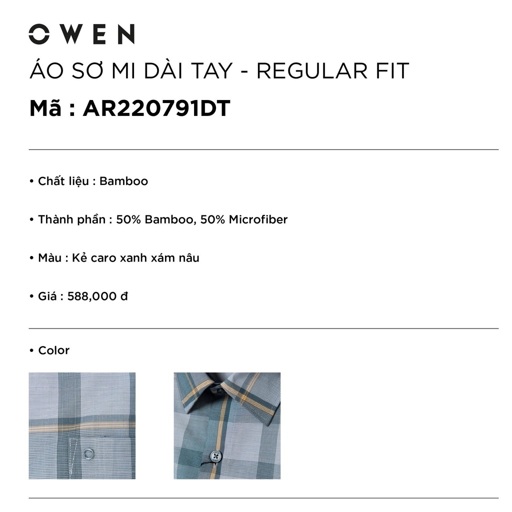 Áo Sơ Mi Nam Dài Tay OWEN AR220791DT Somi Công Sở Vải Sợi Tre Cao Cấp Màu Kẻ Caro Xanh Xám Nâu Dáng Suông Tà Lượn Có Túi