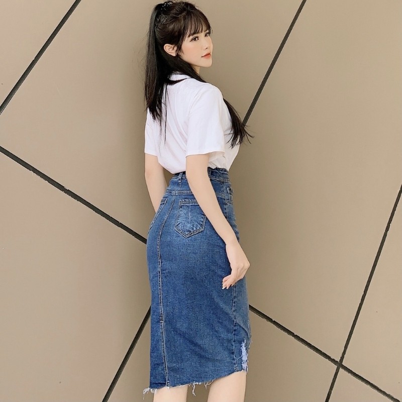 Chân váy jeans bút chì dáng dài lưng cao phong cách Hàn Quốc nữ tính sang chảnh RUBIE JEANS V3157