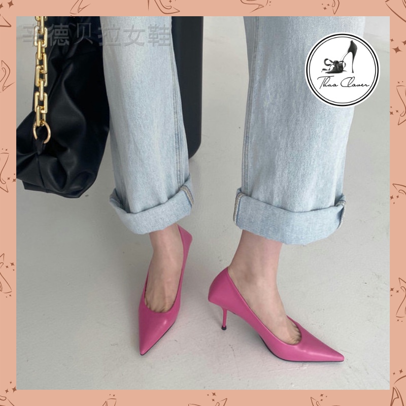 Giày cao gót mũi nhọn hậu vuông Âu Mỹ 5-6cm 5 màu xanh- hồng - đen - trắng- be - THAO CLOVER