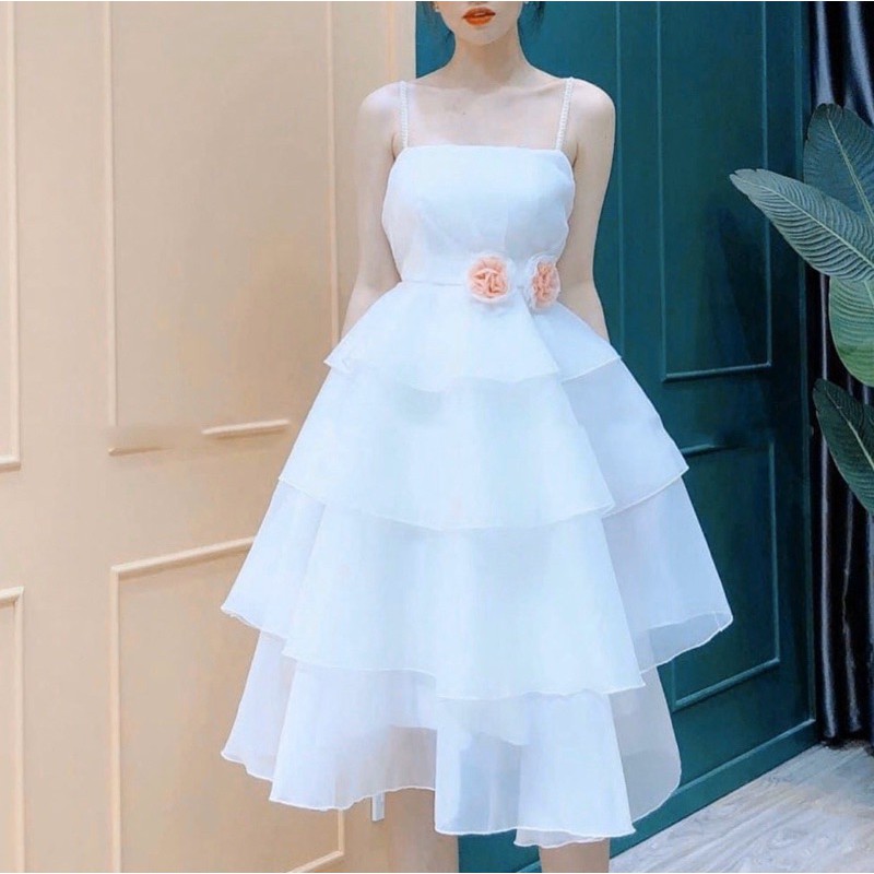 ĐẦM TẦNG ĐÍNH HOA TRẮNG