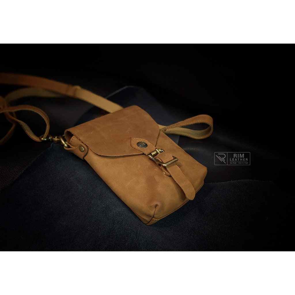 Túi Đeo Chéo Unisex Mini Da Bò Sáp Khóa Bấm Giả Cài Nhỏ Gọn Độc Đáo