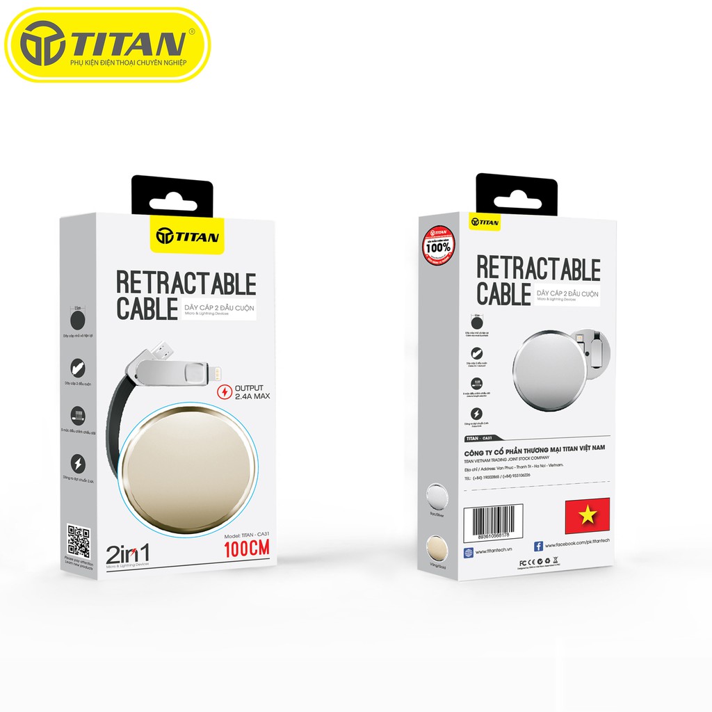Sạc dây rút-Cáp sạc 3 đầu Titan 3 Trong 1 Chân & Micro-Hàng-Bảo Hành 12 Tháng