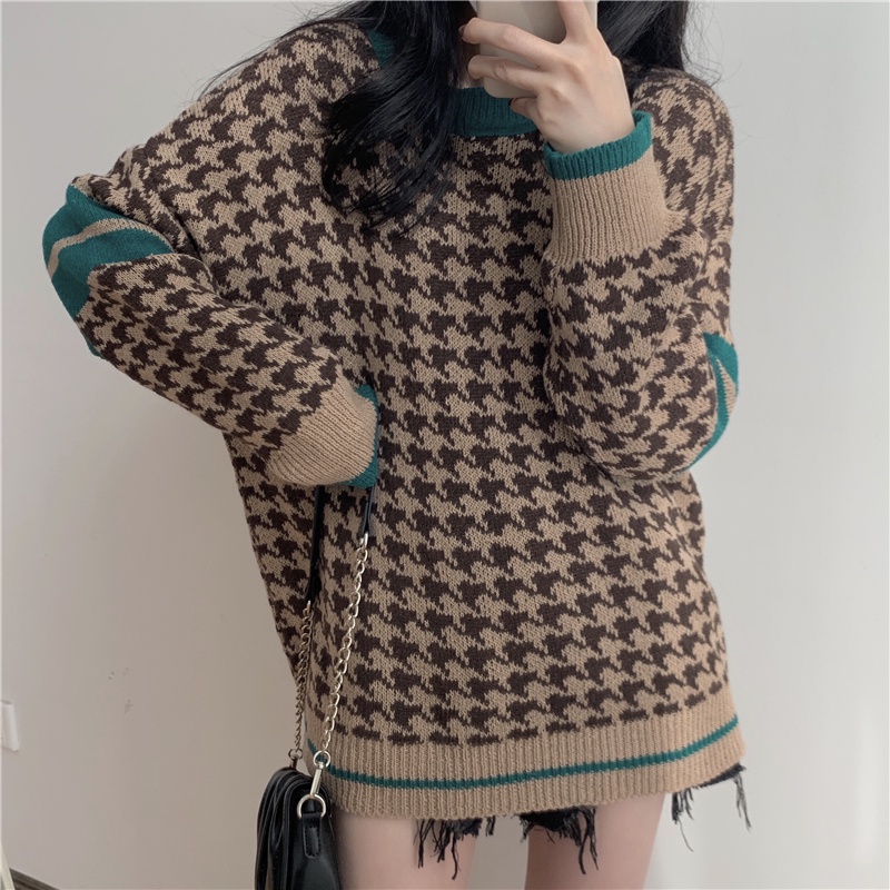 kumivn áo len họa tiết nanh sói nâu phối kẻ tay dáng rộng ulzzang Hàn Quốc