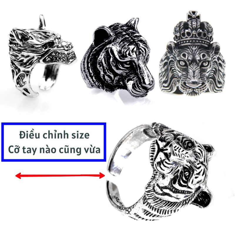 Nhẫn nam thép bạc hình sư tử, hổ , sói cao cấp
