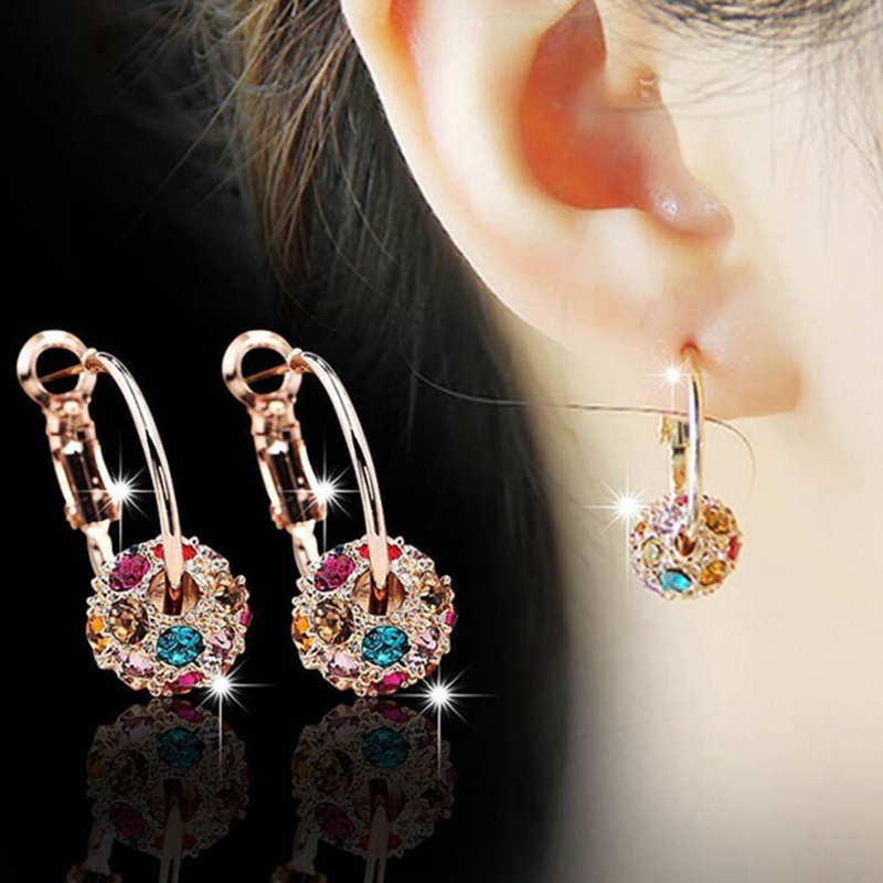 1 Cặp Bông Tai Tròn Mạ Vàng 18k Đính Đá Nhiều Màu Sắc May Mắn Cho Nữ