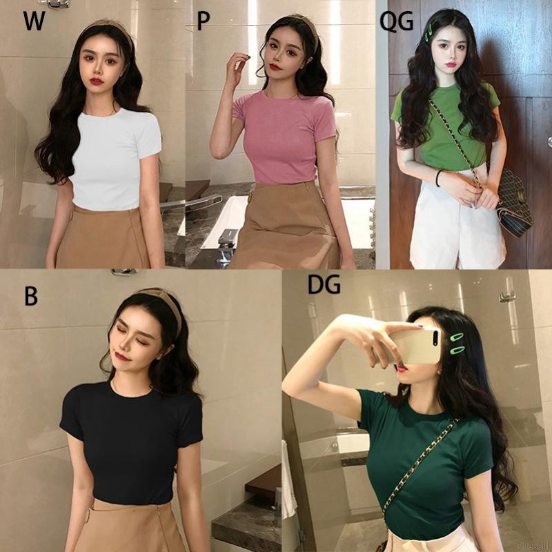 Áo Thun Nữ Ngắn Tay Màu Trơn Phong Cách Hàn Quốc