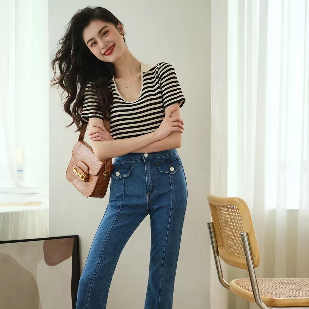 SUXI Áo Thun Ngắn Tay Cổ V Họa Tiết Sọc Ngang Đơn Giản Dễ Phối Đồ Cho Nữ