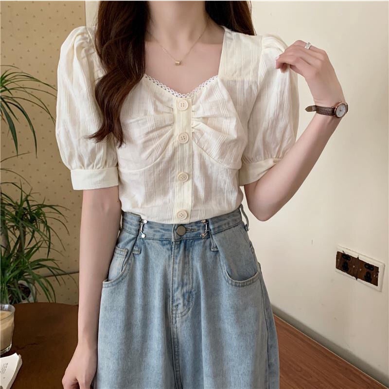 Áo Sơ Mi Cổ Vuông Tay Phồng Phong Cách Pháp Ngọt Ngào Cho Nữ