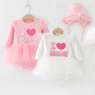 Váy công chúa love papa, mama dài tay kèm mũ cho bé sơ sinh 0-12 tháng