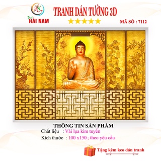 Tranh dán tường 3D in hình trúc chỉ phật - tứ quý trang trí phòng thờ - vải lụa kim tuyến