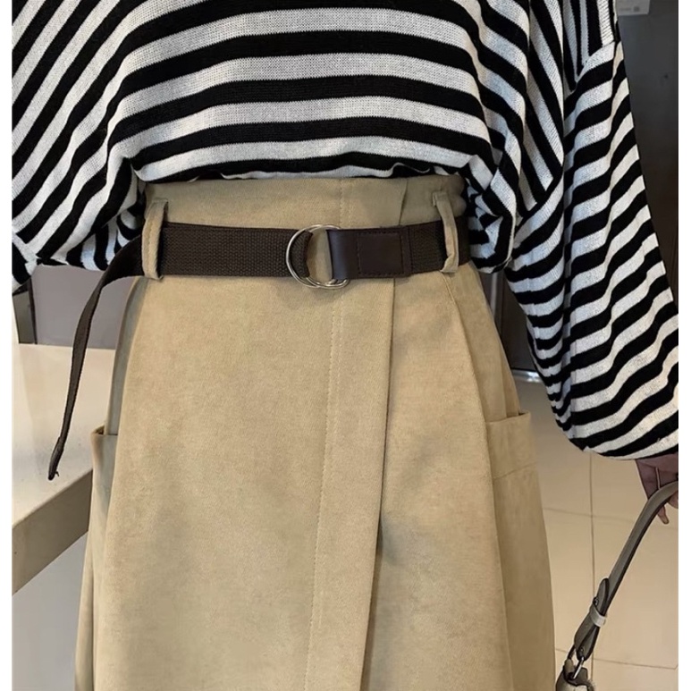 Chân váy nhung tăm dài lưng chun vạt lệch kèm đai Vintage - Lumii