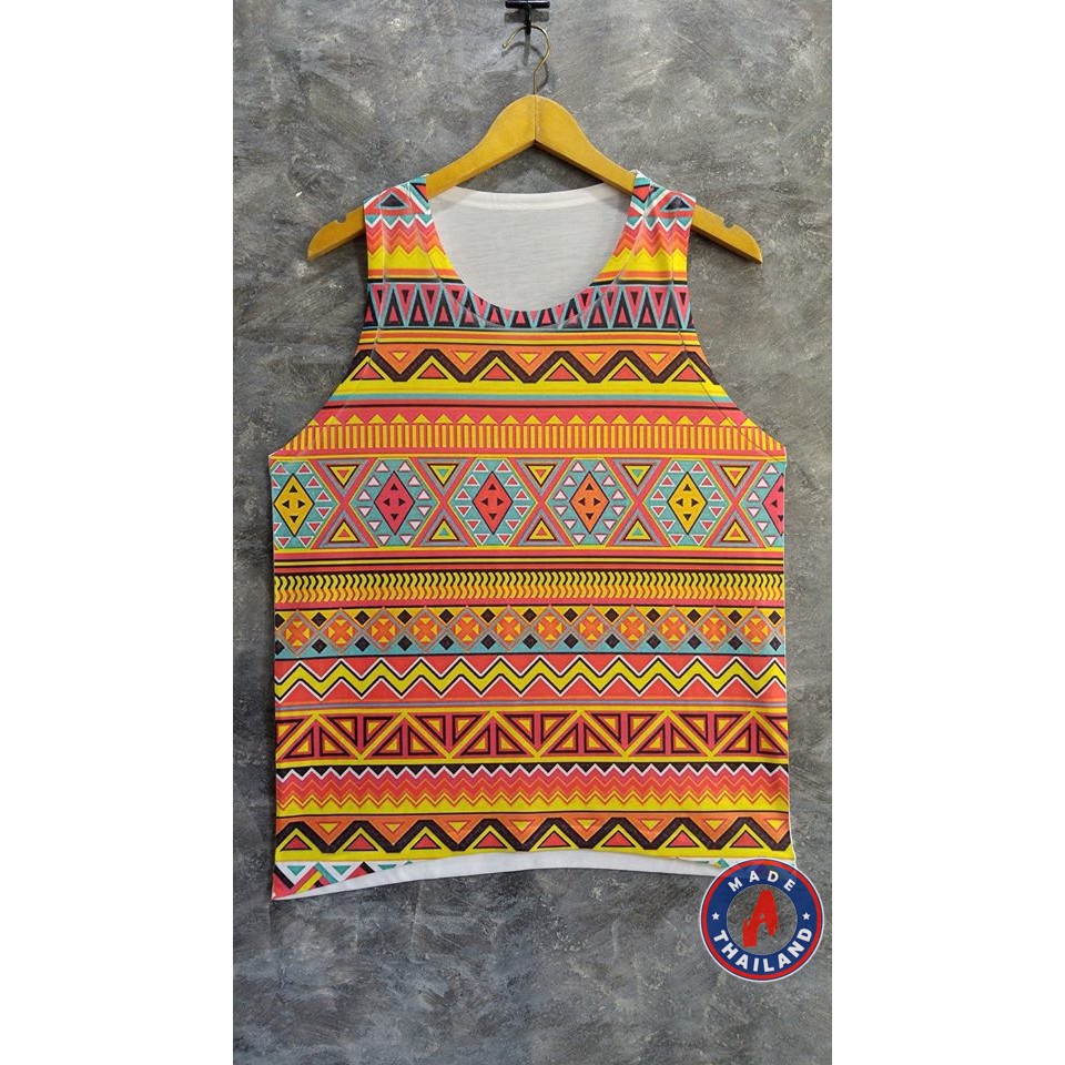 Áo nam ba lỗ in màu 3D, made in Thái Lan hình bohemian tông vàng cam họa tiết chạy ngang