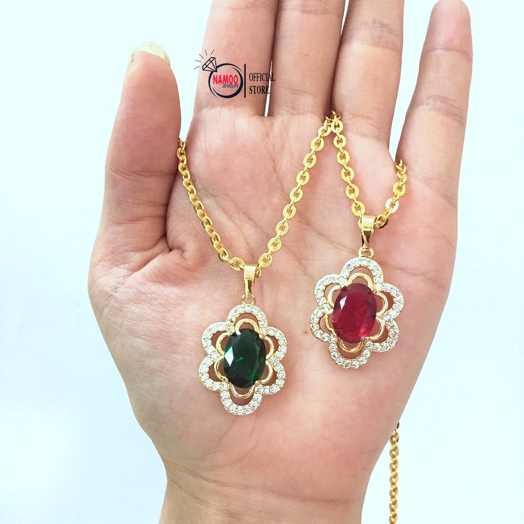 Dây Chuyền Nữ Đính Đá V864 V865 Màu Đá Xanh Và Đỏ kết hợp dây xích 45cm