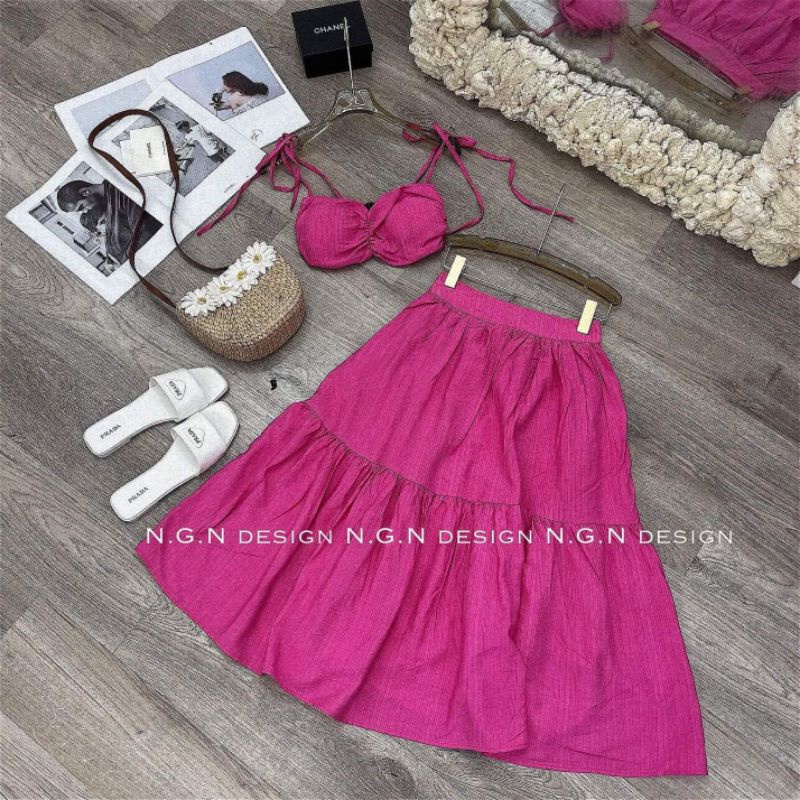 Sét áo 2 dây buộc+chân váy xòe