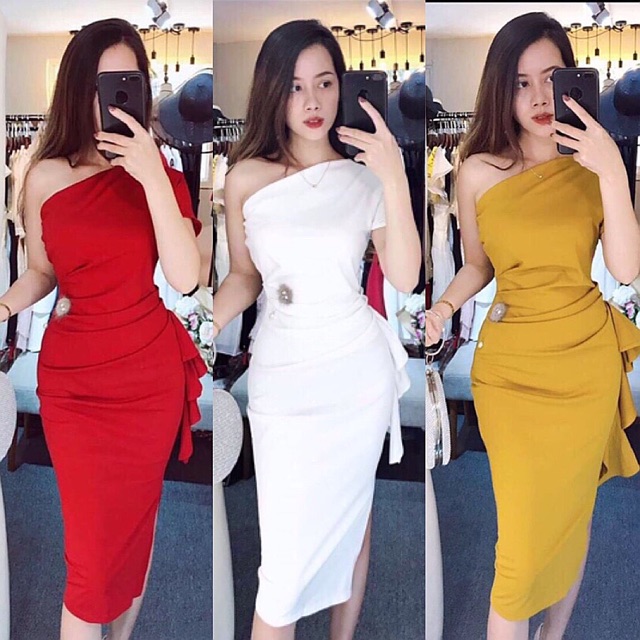 ĐẦM DỰ TIỆC BODY ÔM LỆCH VAI HY LẠP BÈO HÔNG GIÁ RẺ KÈM ẢNH THẬT