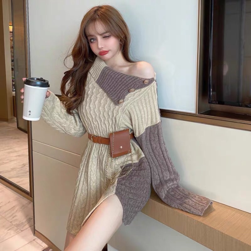 ÁO LEN SUÔNG CÀI KHUY VAI LỆCH VAI PHỐI MÀU KÈM BELT/NỊT TÚI DA PU