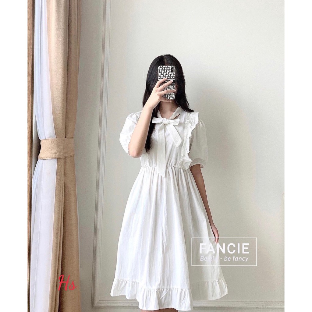 💃 Đầm Nữ Vai Bèo Cộc Tay Buộc Nơ Váy Trắng Chất Đũi Dáng Xòe