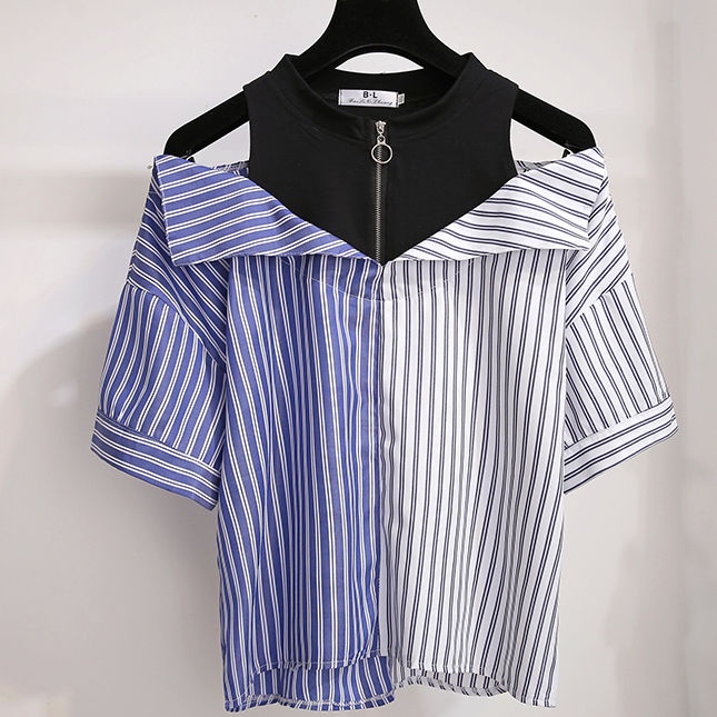 2021 summer new spliced shirt women's Korean version of fake two pieces of design careful machine shoulder leakage chiffon blouse