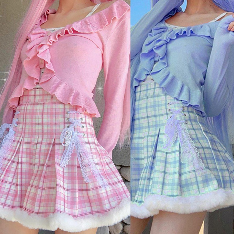 Chân váy xếp li họa tiết caro phong cách Lolita