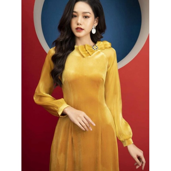 Áo dài nhung tiểu thư phối tay tơ cổ nơ điệu đà 3 màu xanh đỏ vàng, hàng chuẩn đẹp giá sát sỉ