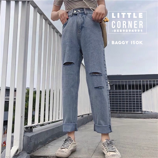 Quần slim baggy jeans hai nút đôi lưng thun rách gối ulzzang kèm ảnh thật