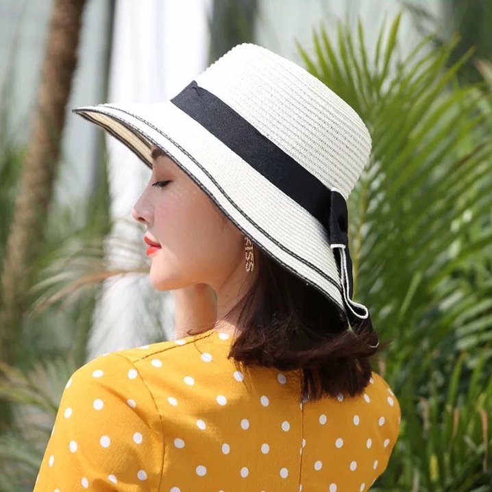Mũ cói đi biển nữ vành rộng chống nắng, nón cói nơ xinh thời trang Hàn Quốc rẻ đẹp_MC8