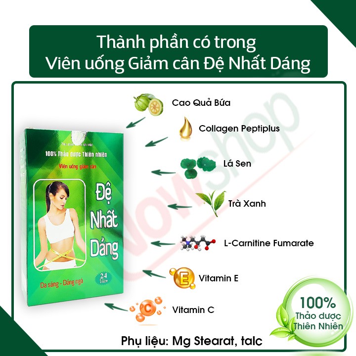 Viên uống giảm cân nhanh giảm mỡ thừa cấp tốc và giữ dáng hiệu quả an toàn từ thiên nhiên Đệ Nhất Dáng. Hộp 24 viên