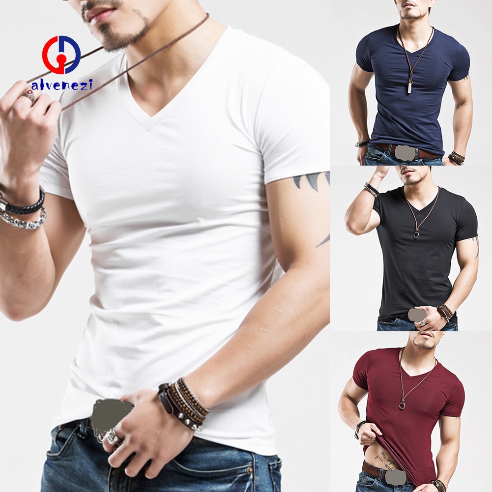 (Hàng Có Sẵn) áo nam Ngắn Tay Cổ Chữ V Màu Trơn