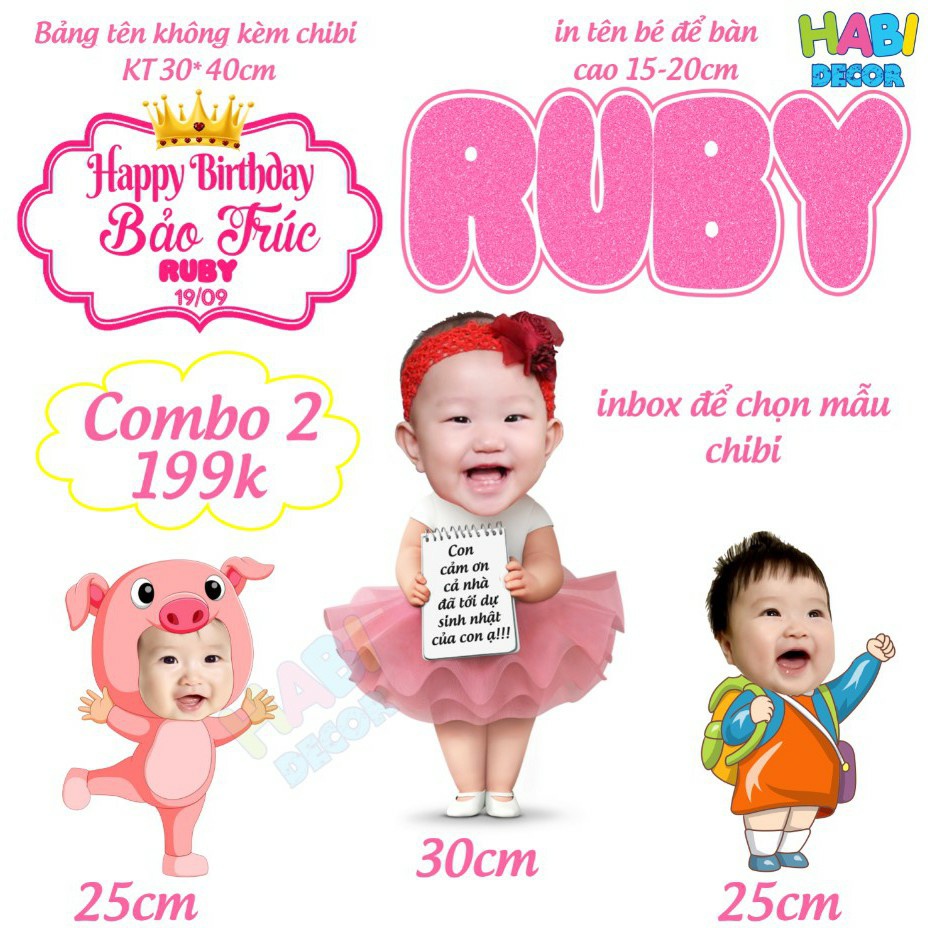 [ RẺ ĐẸP ] Set chibi, bảng tên, cây welcome, tên bé để bàn trang trí sinh nhật cho bé gái BG01