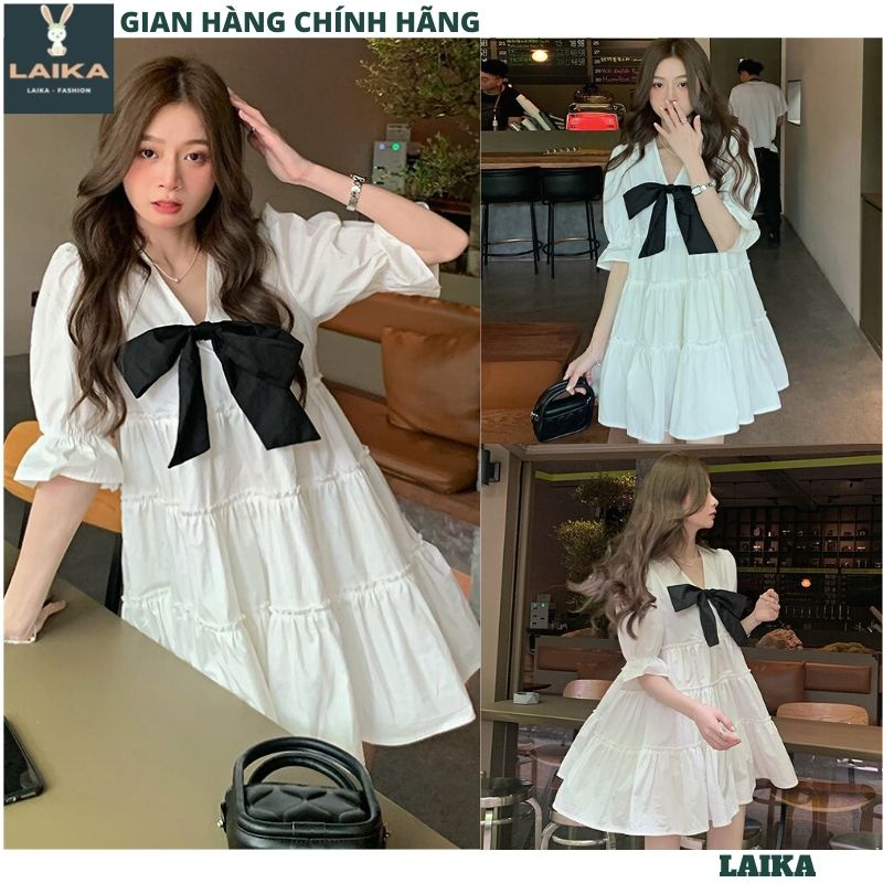 Váy babydoll nữ cổ v nơ kiểu dáng hàn quốc ,đầm dự tiệc tiểu thư bánh bèo dễ thương - LAIKA