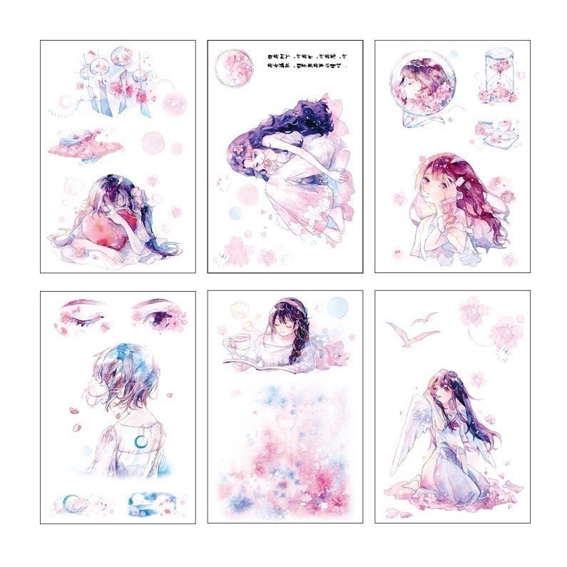 Set 6 tấm sticker hình dán cổ trang màu nước xinh xắn thơ mộng trang trí sổ đáng yêu giá rẻ