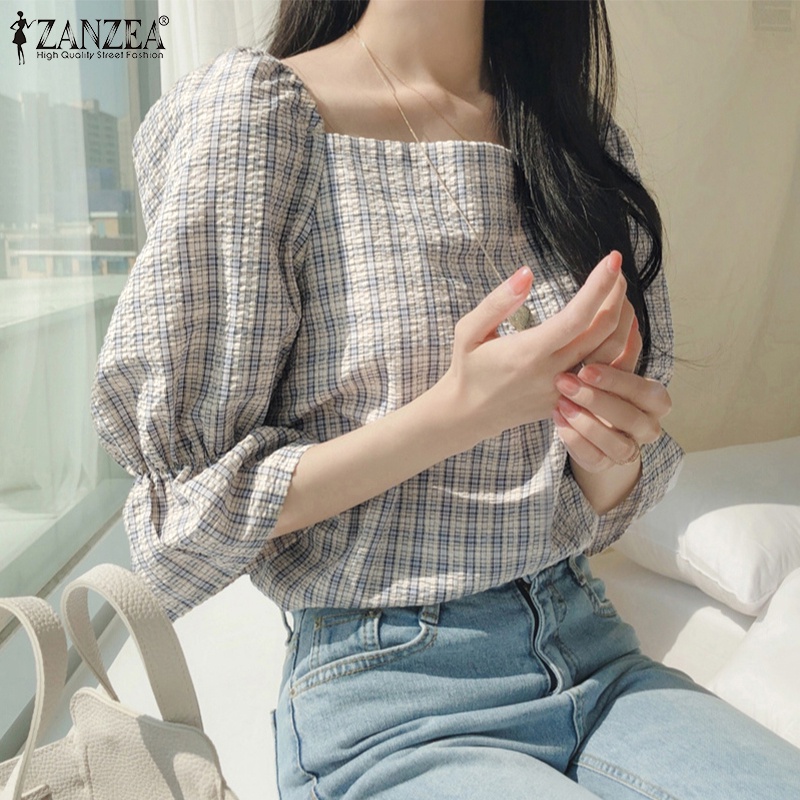 ZANZEA Áo Kiểu Tay Phồng 3/4 Cổ Vuông Thời Trang Hàn Quốc Cho Nữ