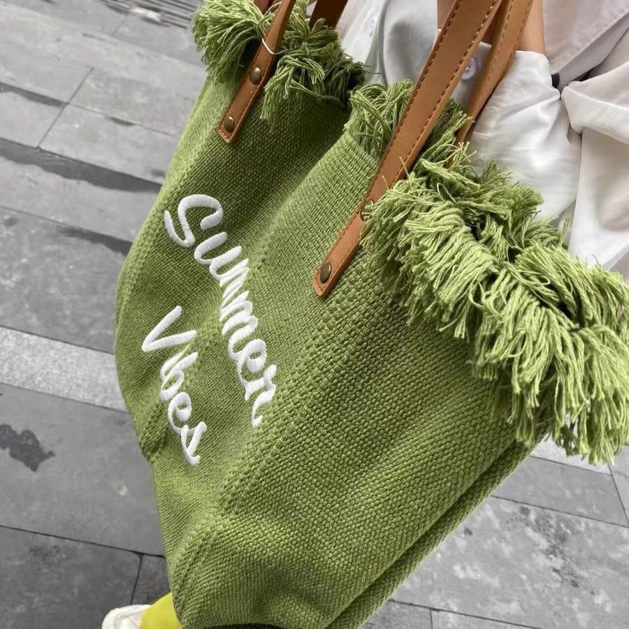Olive Green!Túi Xách Canvas Cỡ Lớn Thêu Chữ Phong Cách Nhật Hàn