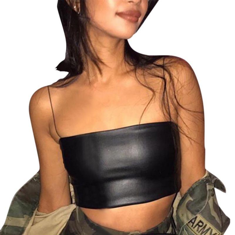 Áo Croptop sát nách chất da PU thiết kế màu trơn thanh lịch quyến rũ | BigBuy360 - bigbuy360.vn