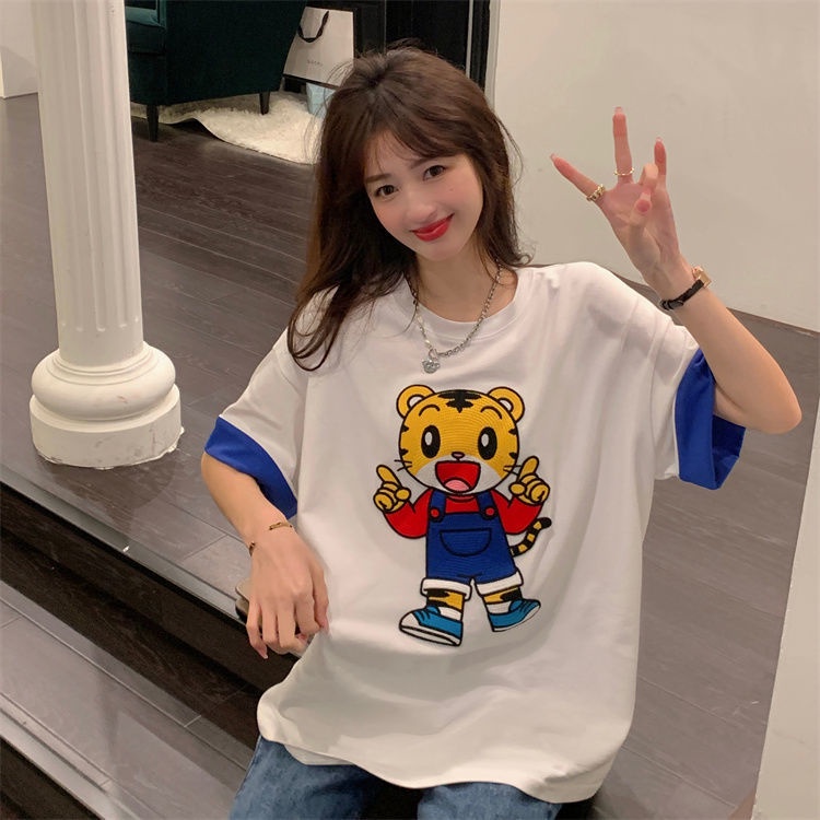 Áo Thun Tay Ngắn Cổ Tròn Dáng Rộng Thêu Họa Tiết Hoạt Hình Phong Cách Hàn Quốc Thời Trang Mùa Hè