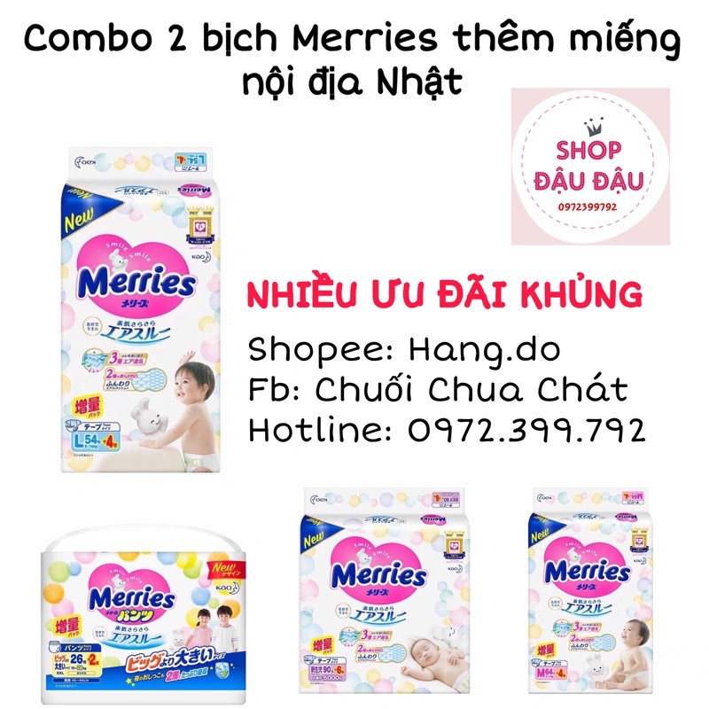 Combo 2 bịch bỉm dán/quần MERRIES thêm miếng nội địa Nhật NB96/S88/M68/L58/M64/L50/XL44