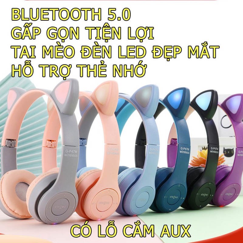 Tai Nghe Chụp Tai Nghe Bluetooth P47M ⚡FREESHIP⚡ Tai Nghe Mèo Chụp Tai Không Dây Đèn Led Đủ Màu, Dễ Thương, Pin Khủng