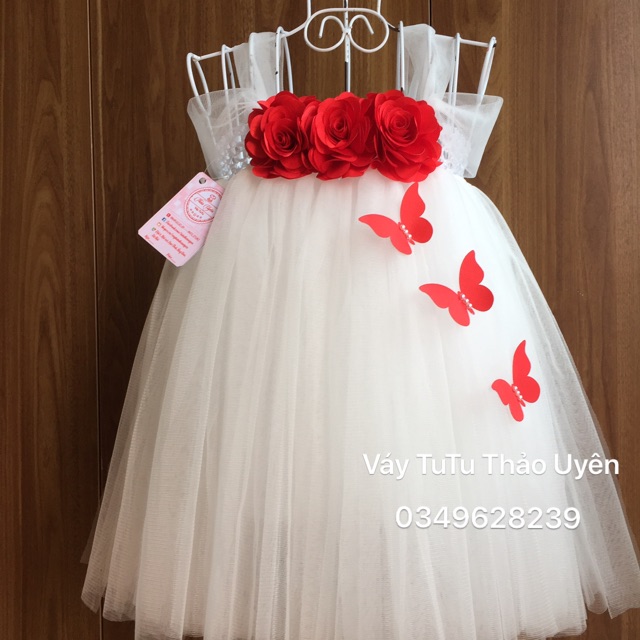 Đầm công chúa trắng điểm hoa + bướm đỏ xinh yêu