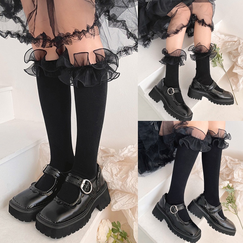 Youyo Vớ Cotton Cổ Cao Phối Ren Bèo Nhún Màu Trơn Phong Cách Lolita Ngọt Ngào Thanh Lịch Cho Nữ