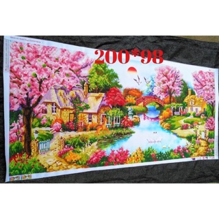 Tranh đính đá tổ ấm mùa xuân thành phẩm khổ lớn 200x98cm