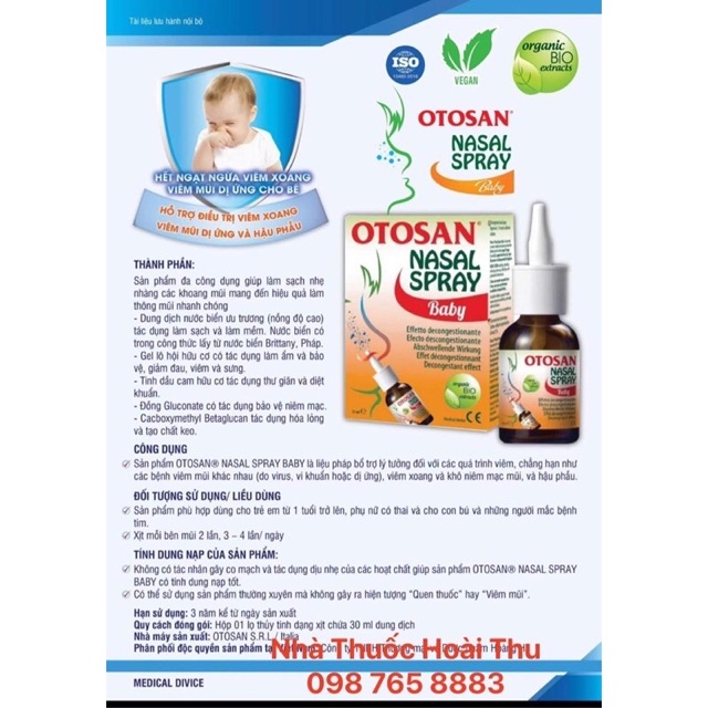 [ Kèm Quà Tặng ] Xịt mũi OTOSAN Nasal Spray Baby - Thông mũi , Không khô mũi ( Nhập khẩu chính Hãng ITALY )