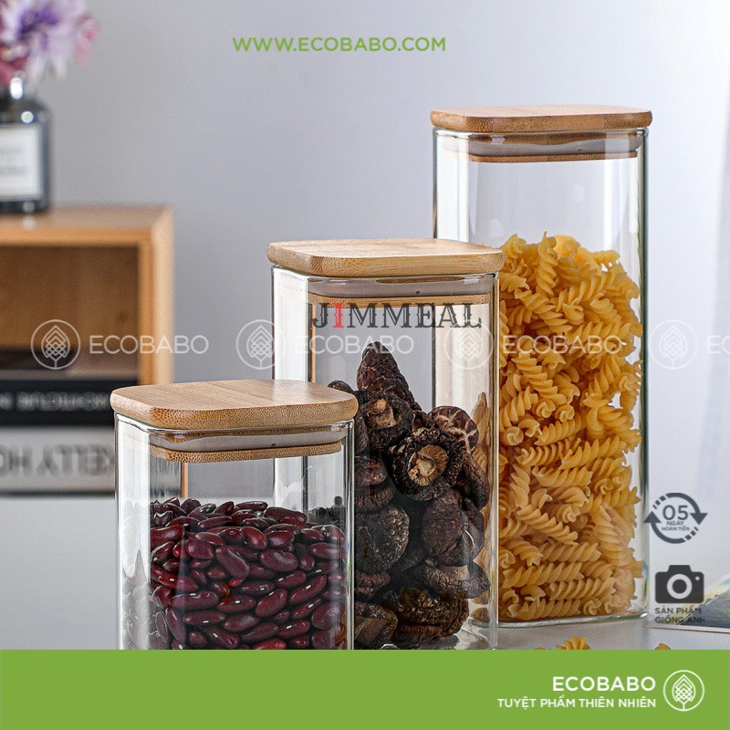 Lọ thủy tinh vuông nắp gỗ đựng đồ khô ngũ cốc nhiều size - ECOBABO