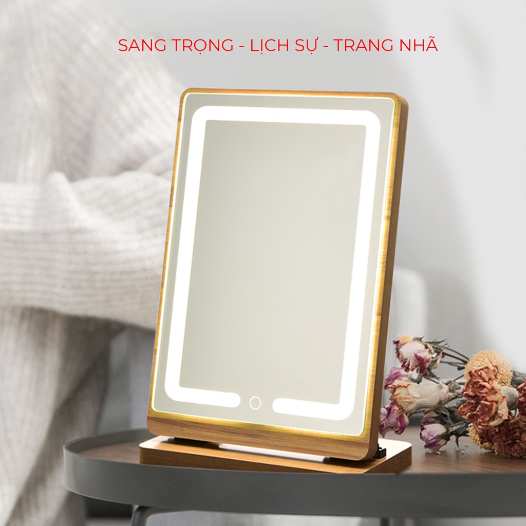 GƯƠNG TRANG ĐIỂM ĐÈN LED CẢM ỨNG - GƯƠNG ĐỂ BÀN BẰNG GỖ - DECOR VINTAGE