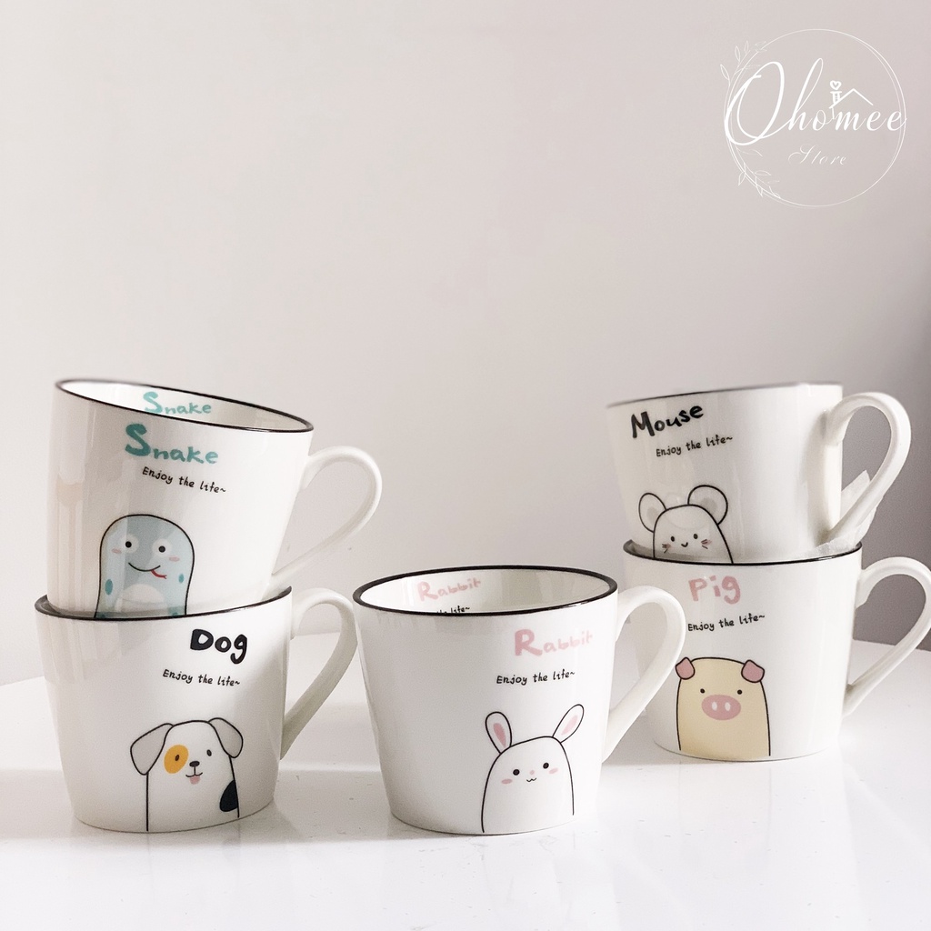 Ly gốm sứ cao cấp in hình 12 con thú đẹp, dễ thương