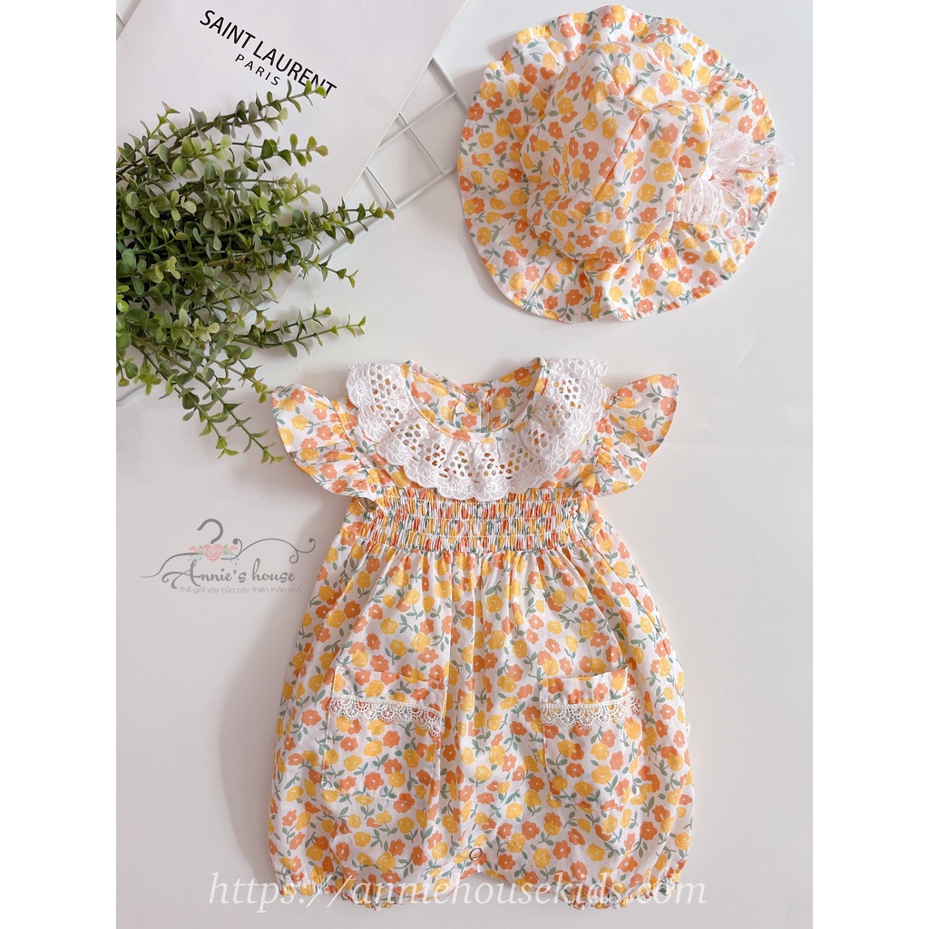 Váy đầm bé gái Annie jump đùi hoa kèm nón- hoa cam – cho bé từ 3 – 15kg
